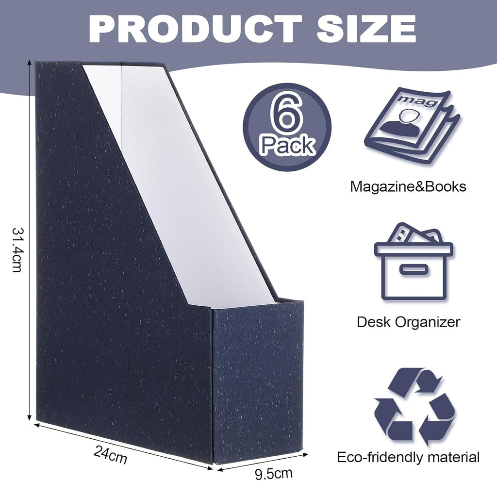 Gueevin Set of 6 Magazine File Holders, Sturdy Cardboard Desk Magazine Organizer with Gold Label Slots, Foldable File Folder Rack for Home Office Classroom Library(Blue)