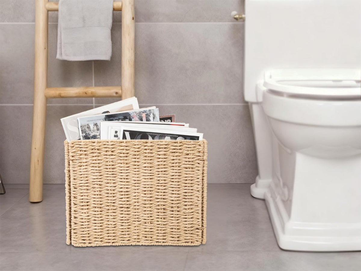 YAHUAN Foldable Woven Paper Rope Storage Basket Magazine Basket with Built-in Handles, Magazine Rack Floor, Hand-woven Book Basket Newspaper Holder for Living Room, Bedroom, Office (Paper rope)