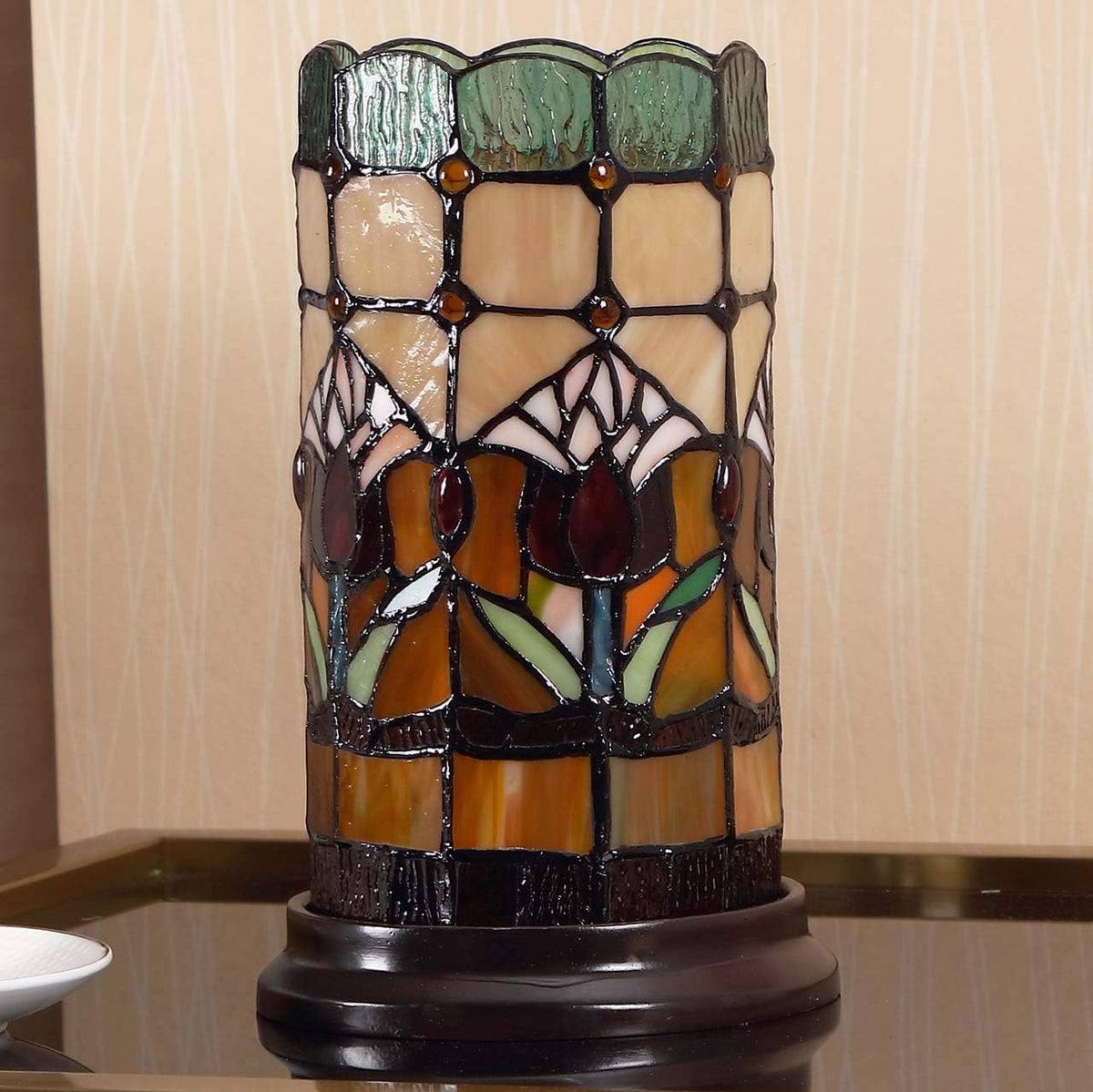 Bieye L10648 Red Tulip Tiffany Style Stained Glass Table Lamp, Night Light