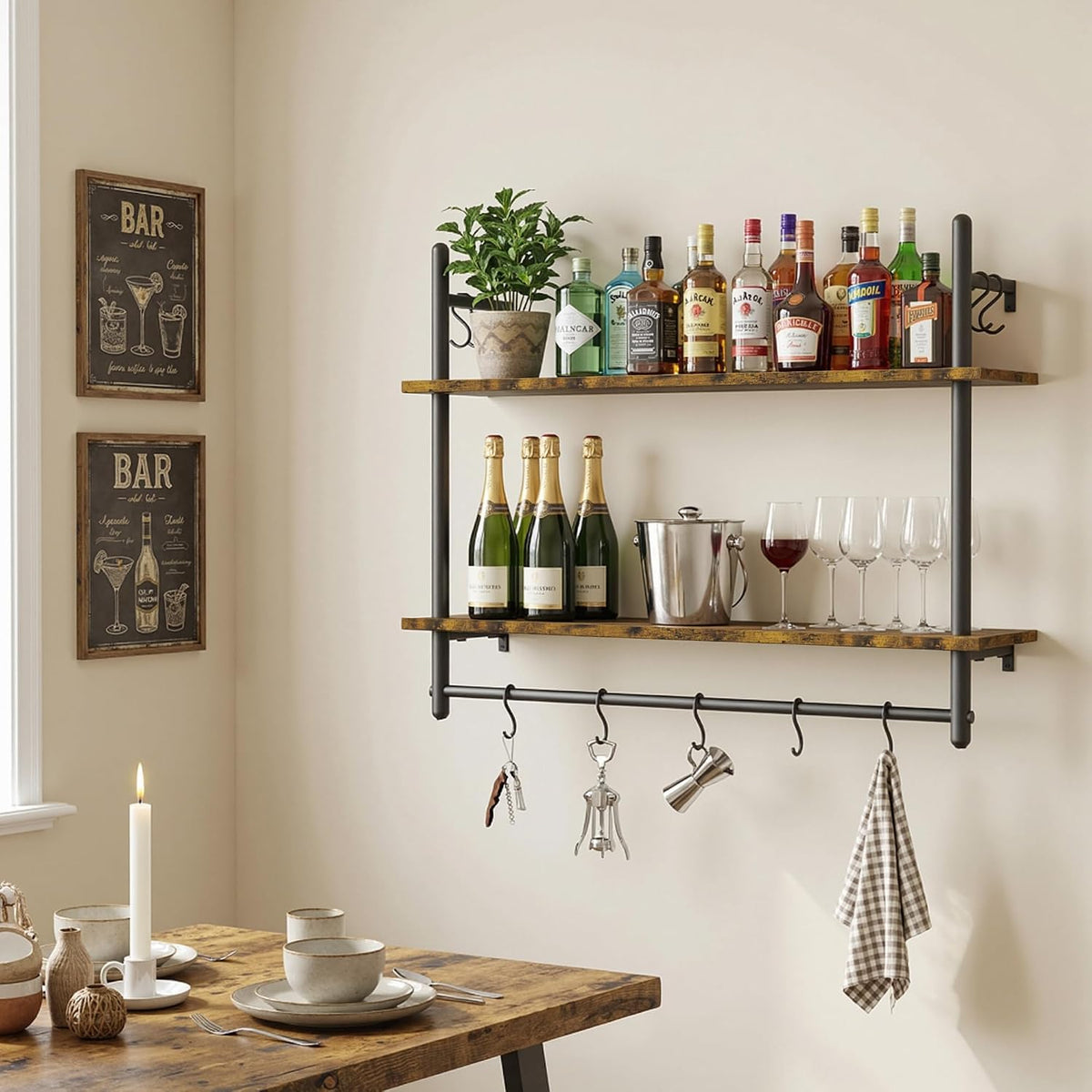 Merapi 31.5" Industrial Pipe Floating Shelf with Towel Bar & Hooks