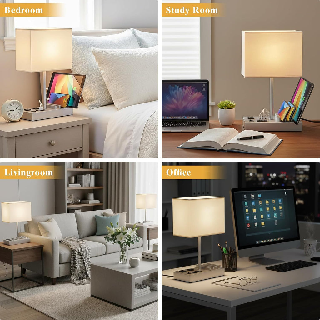 Multi-Functional Table Lamp with 3 USB Charging Ports & 2 AC Outlet, Silver