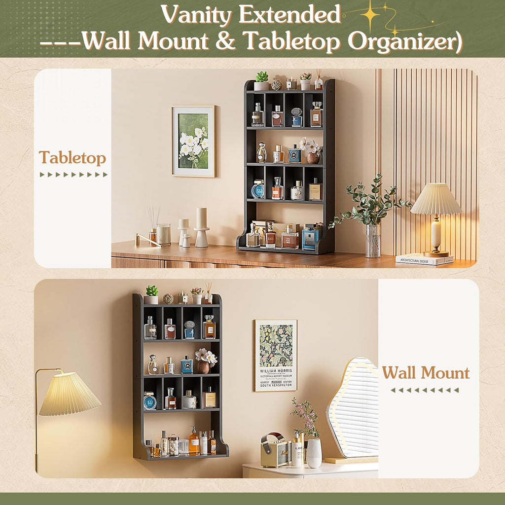 Keebofly Perfume Organizer Wall Mount & Large Cologne Display Case - Wooden Multi-Tier Trinket Shelf for Fragrances, Collectibles, Figures, Miniatures, Cosmetics and Shot Glasses,Black