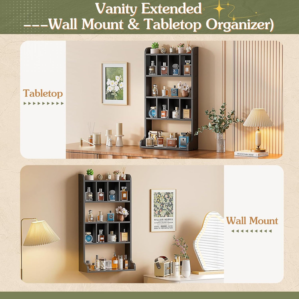 Keebofly Perfume Organizer Wall Mount & Large Cologne Display Case - Wooden Multi-Tier Trinket Shelf for Fragrances, Collectibles, Figures, Miniatures, Cosmetics and Shot Glasses,Black