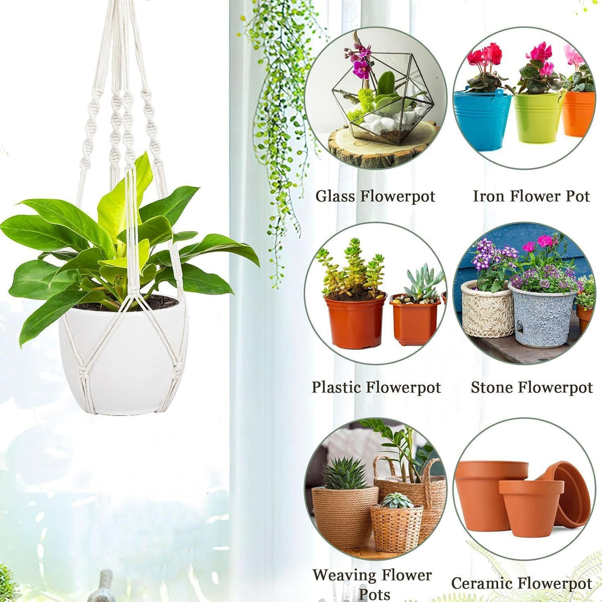 Macrame Plant Hanger Indoor Hanging Planter Basket with Wood Beads Decorative Flower Pot Holder No Tassels for Indoor Outdoor Boho Home Decor 35 Inch, Ivory (POTS NOT Included)