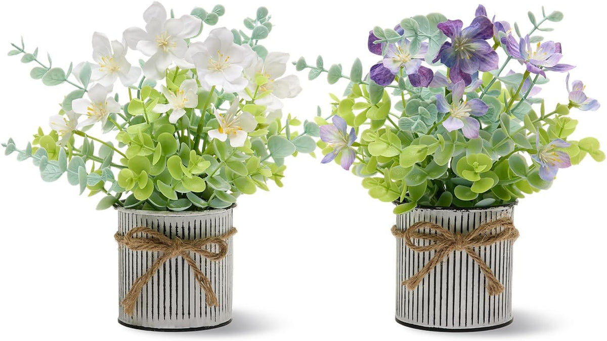 2 Pack Fake Potted Plants with Flowers,Bathroom Kitchen Shelf Decor