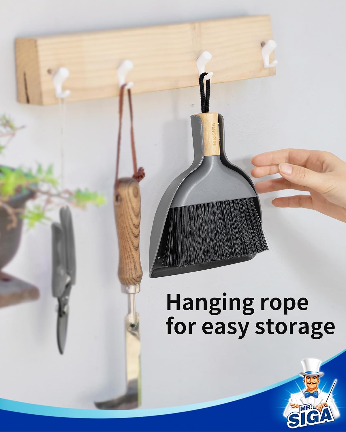 MR.SIGA Mini Dustpan and Brush Set, Bamboo Handle, Gray, 1 Set