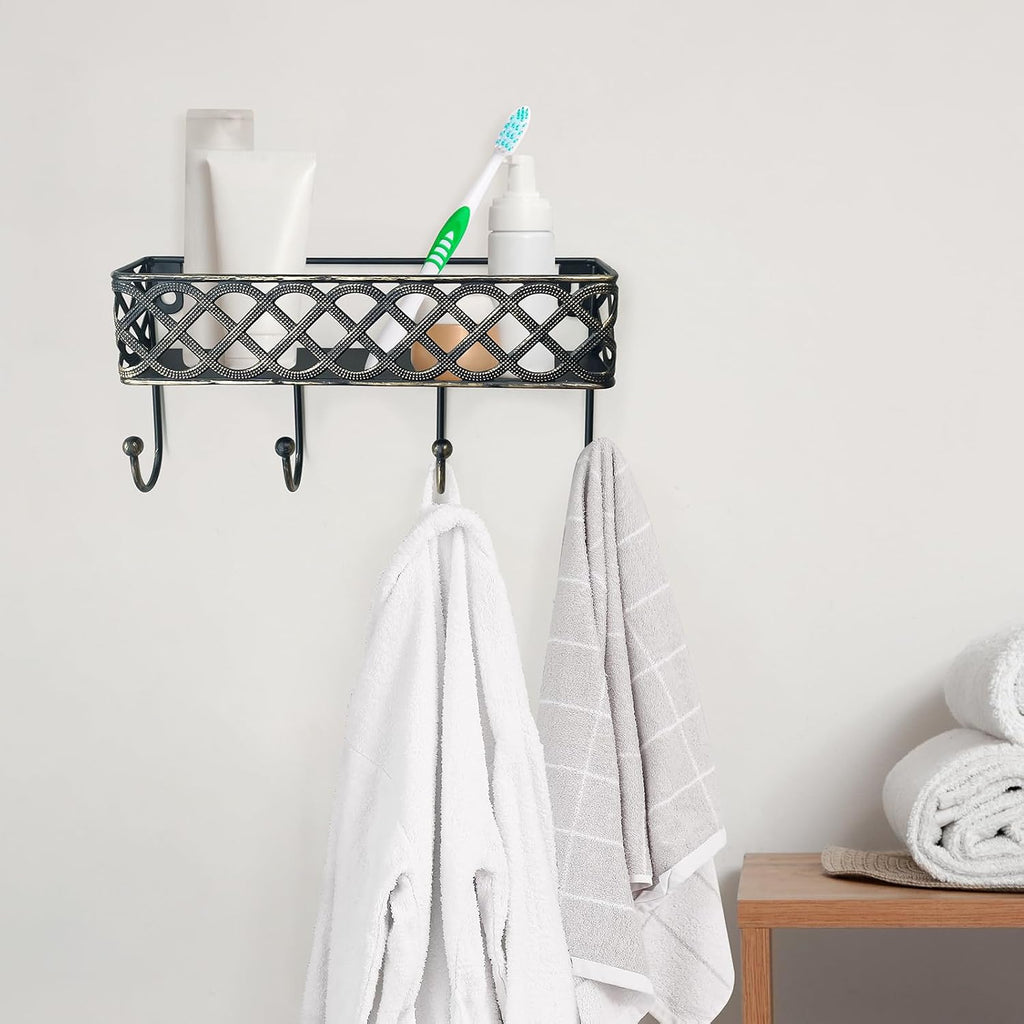 Celtic Knot Key Holder Wall Shelf - Entryway Wall Mounted Organizer with 4 Hooks, Metal Storage for Keys, Wallets, Bags, Hats (Antique Black)