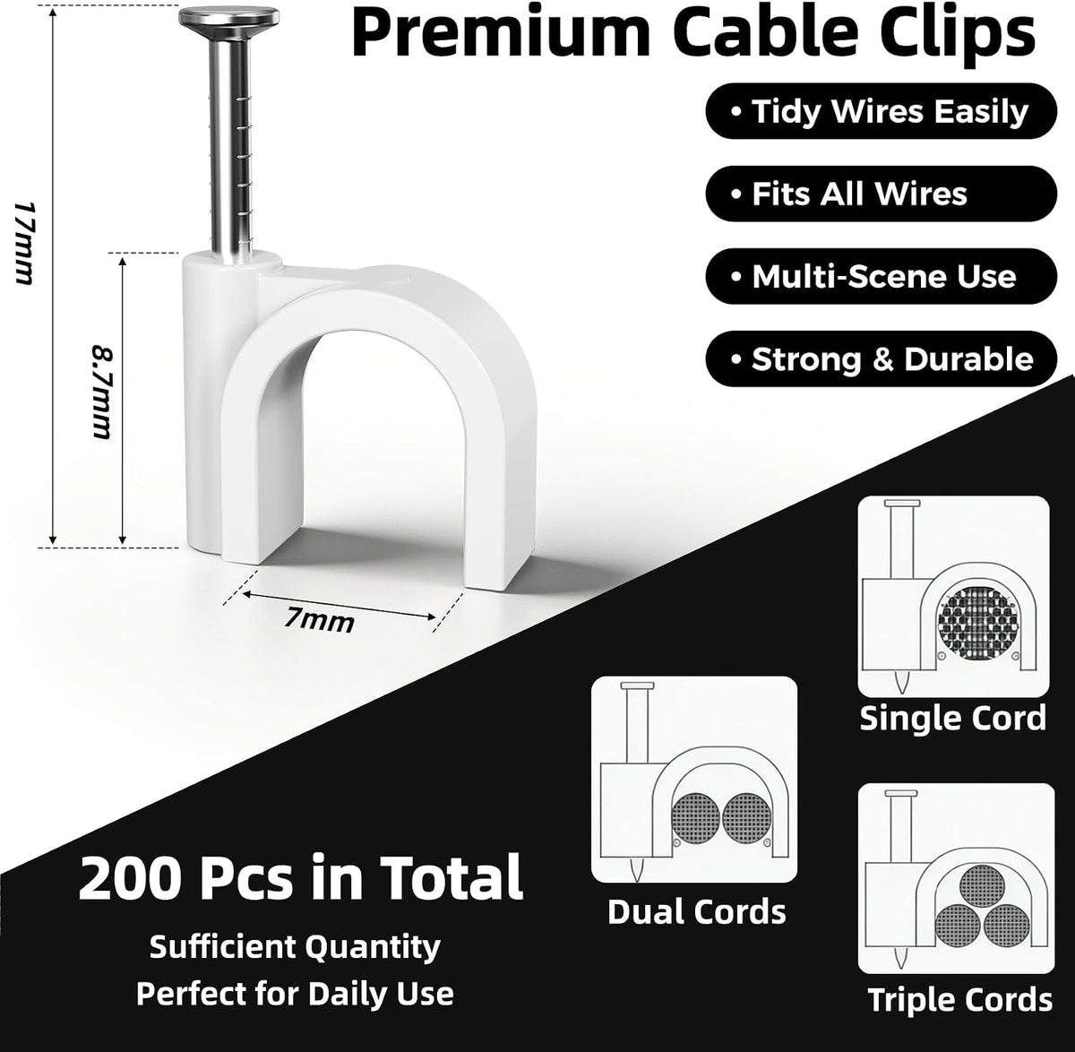 200 Pcs Cable Clips Nail in, Cord Clips Ethernet Cables, 7mm White