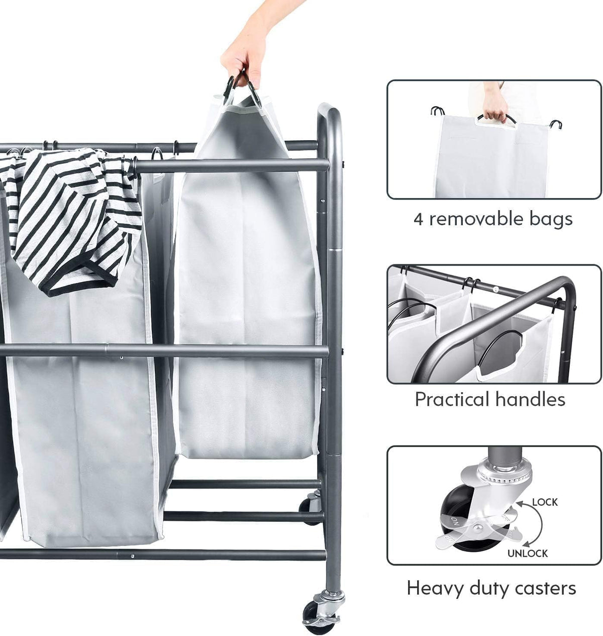 ROMOON Laundry Hamper Sorter Cart, 4-Section Organizer with Lockable Wheels