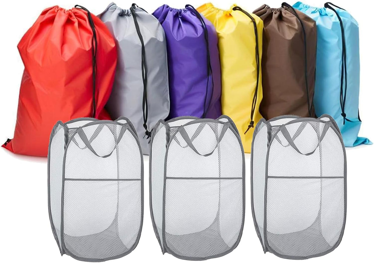 Pop Up Hampers 3 Pack with Laundry Bags 6 Pack, Varied Colors