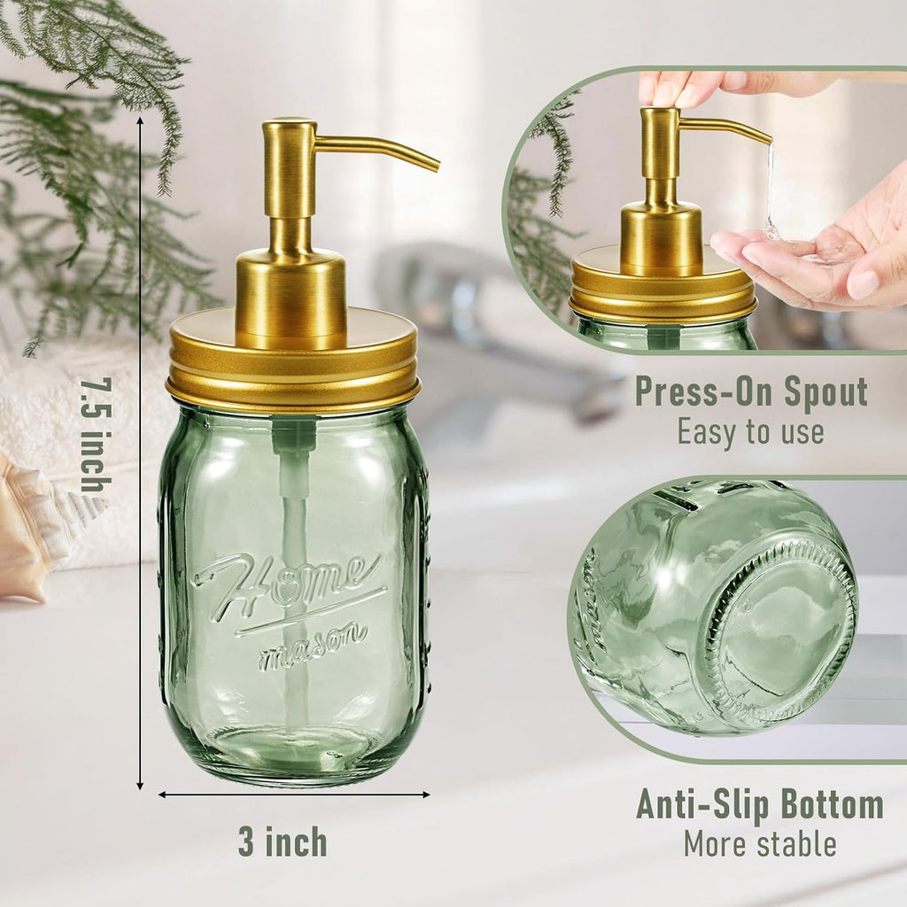 SheeChung Green Glass Mason Jar Liquid Soap Dispenser, 16oz, Gold, 2 Pack