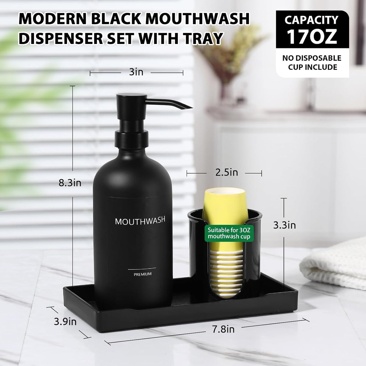 Mouthwash Dispenser for Bathroom, Glass Mouth Wash Pump Dispenser with Cup Holder, 17 Fl Oz Mouthwash Bottle Decanter with Tray, Refillable Mouthwash Dispenser Container (Matte Black)