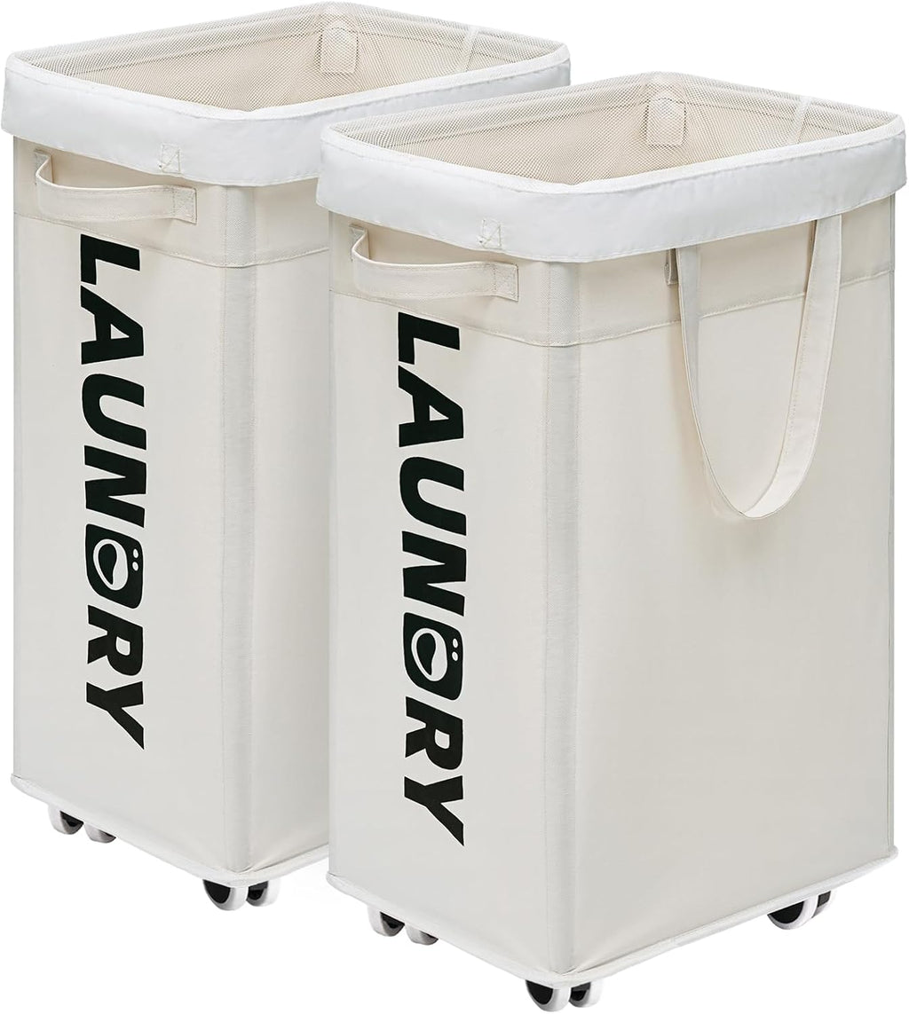 CHICVITA 75L Laundry Basket with Wheels & Handle 2-Pack, Wash Bags, White