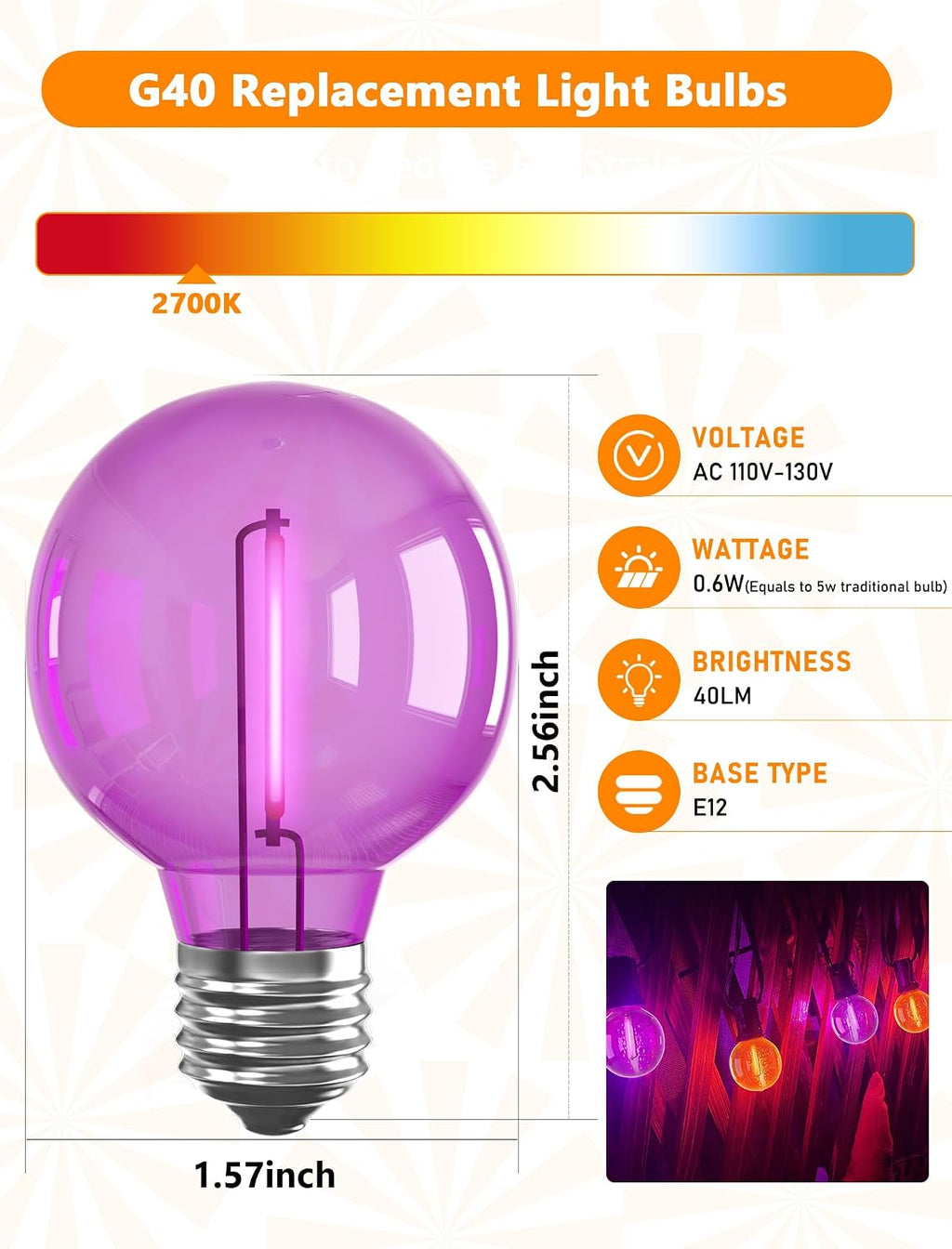GOOTHY 25 Pack G40 LED Replacement Light Bulbs, Shatterproof Halloween G40 LED Orange Purple Globe Lights Bulbs for Outdoor String Lights Patio Party Decor, E12/C7 Candelabra Base, 2700K Warm White