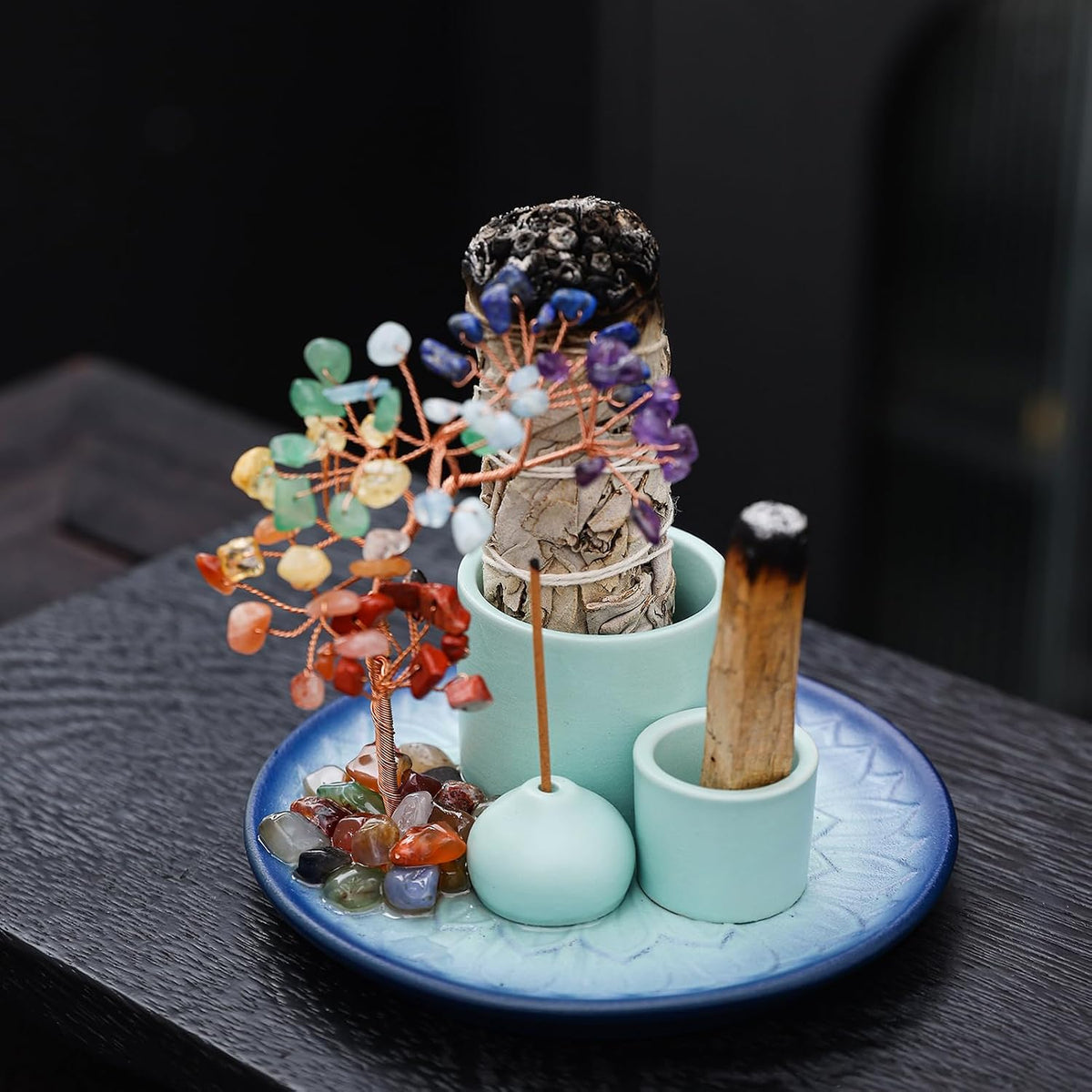 5 in 1 Incense Burner Holder with Crystal Tree for Burning Palo Santo Stick, Sage, Incense Sticks, Candle, Ceramic Tray Ash Catcher, Meditation Gift (Sky-Blue)