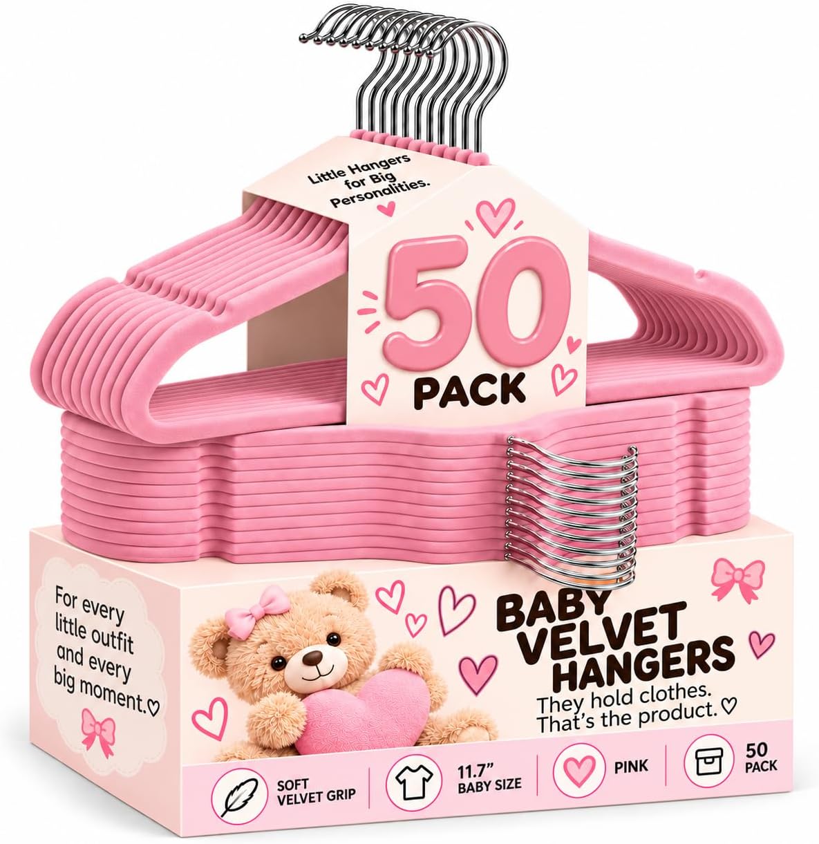 TechZoo 50 Premium Baby Velvet Hangers - 11.8 Inches Non-Slip & Ultra-Slim Baby Hangers for Space-Saving & Children Clothes - 360 Swivel Hook, Strong & Durable Infant & Toddler Clothes Hanger - Pink