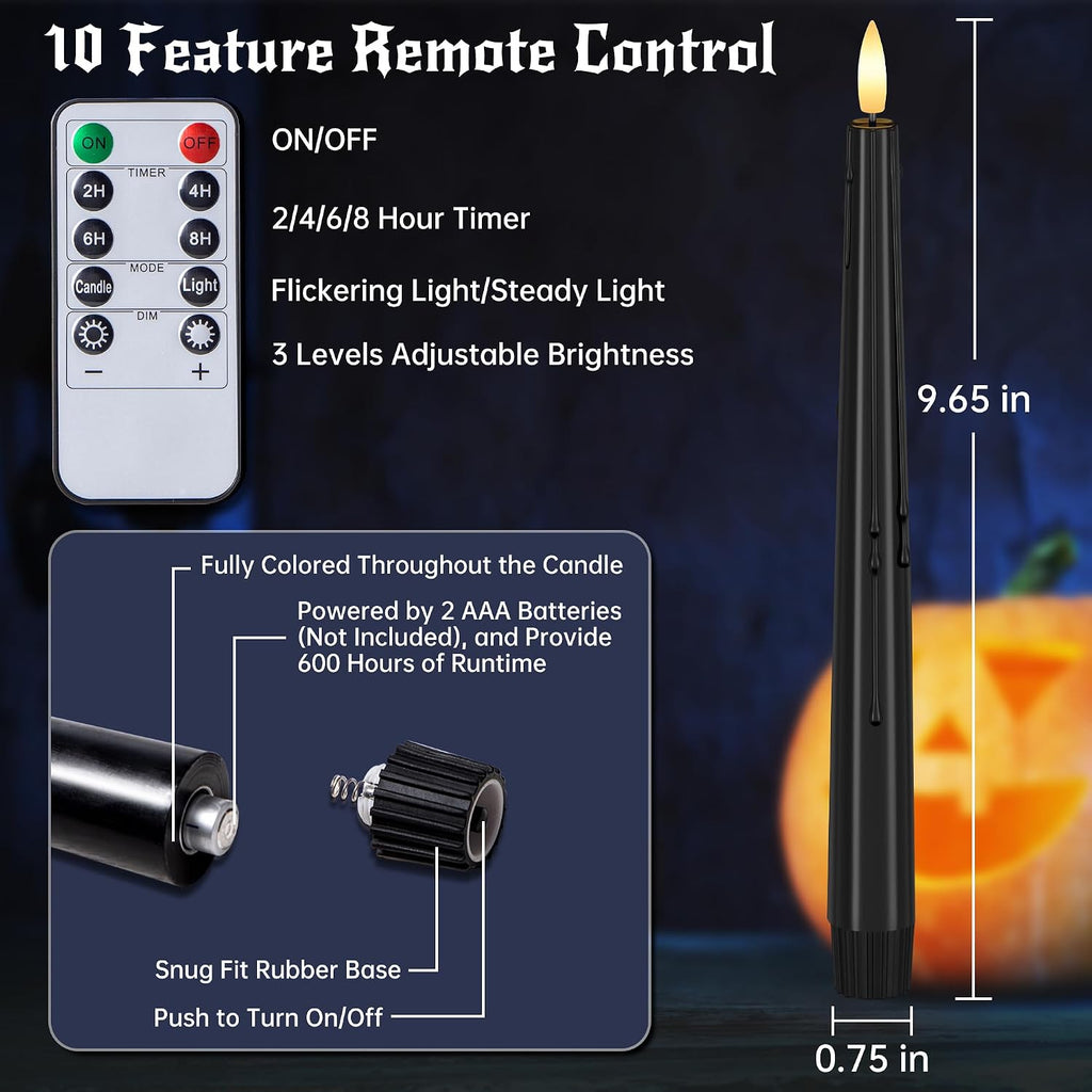 Stmarry Black Flameless Taper Candles with Remote and Timer - 9.65 Inch Real Wax LED Candlesticks - Wax Drip Battery Operated Halloween Taper Candles with 3D Flickering Flame Halloween Decor, 3 Pack