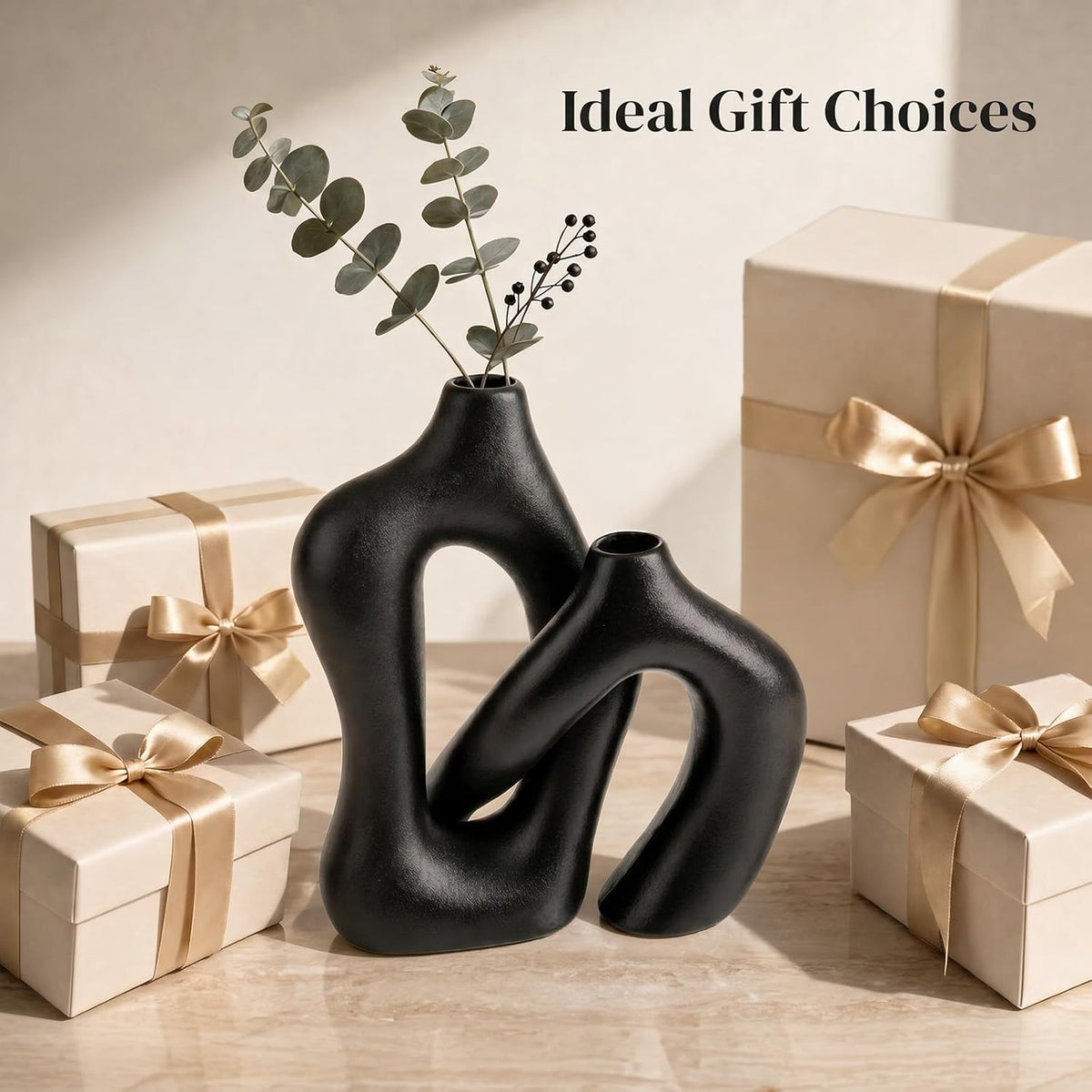 Dowan Black Vases for Decor,Hollow Ceramic Vase Set of 2,8.3" Nordic Modern Boho ins Style Decorative Ceramic Aesthetic Flower Vase for Home Decor Modern Minimalist Table, Entryway Centerpieces