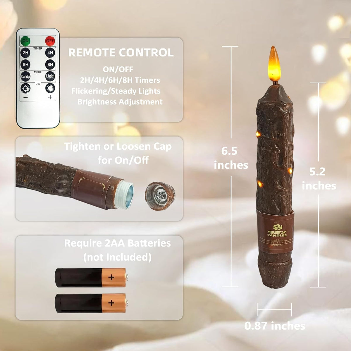 6.5 inch Flameless Brown Taper Candles Flickering with 10-Key Remote, Battery Operated Led Warm 3D Wick Light Window Candles Real Wax Pack of 4, Christmas Home Wedding Decor