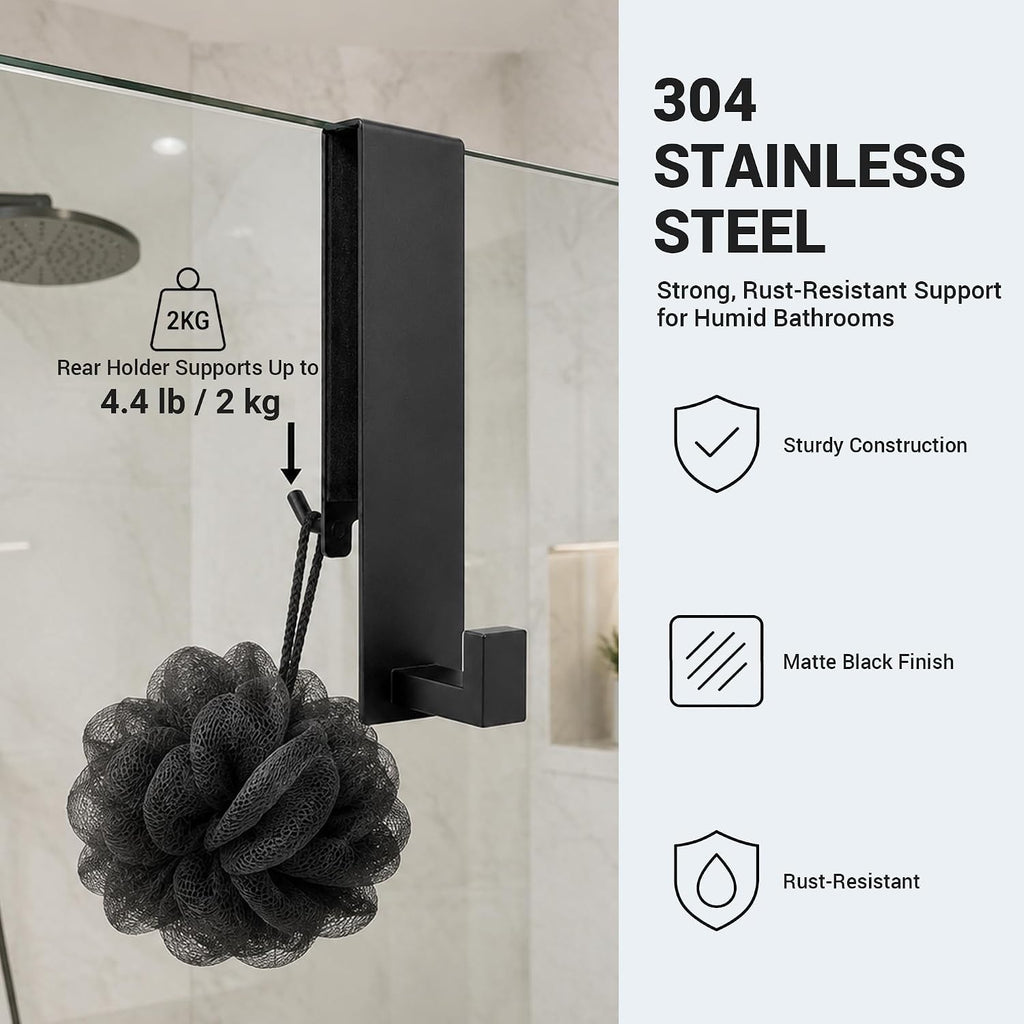 Zidox Shower Door Hooks for Frameless Glass, Double-Sided Over The Glass Towel Hook & Squeegee Holder, Rubber Covered Scratch-Free Bathroom Shower Hooks for Up to 1/2" Door (Matte Black, 2 Pack)