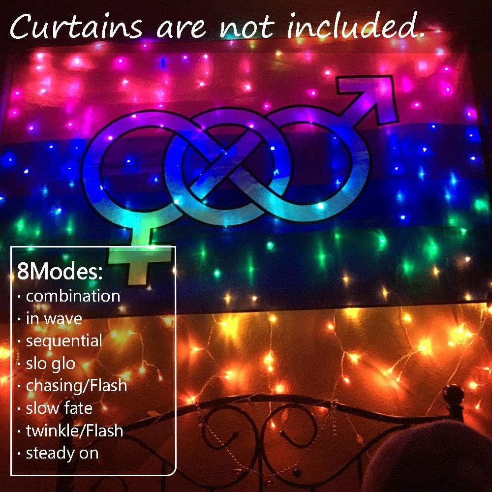 Rainbow Curtain Lights LED Curtain Lights Waterproof Window Fairy Lights String Remote Icicle Lights 8 Modes Twinkle Lights for Wedding Christmas Party Bedroom Wall Decoration (7-Color)
