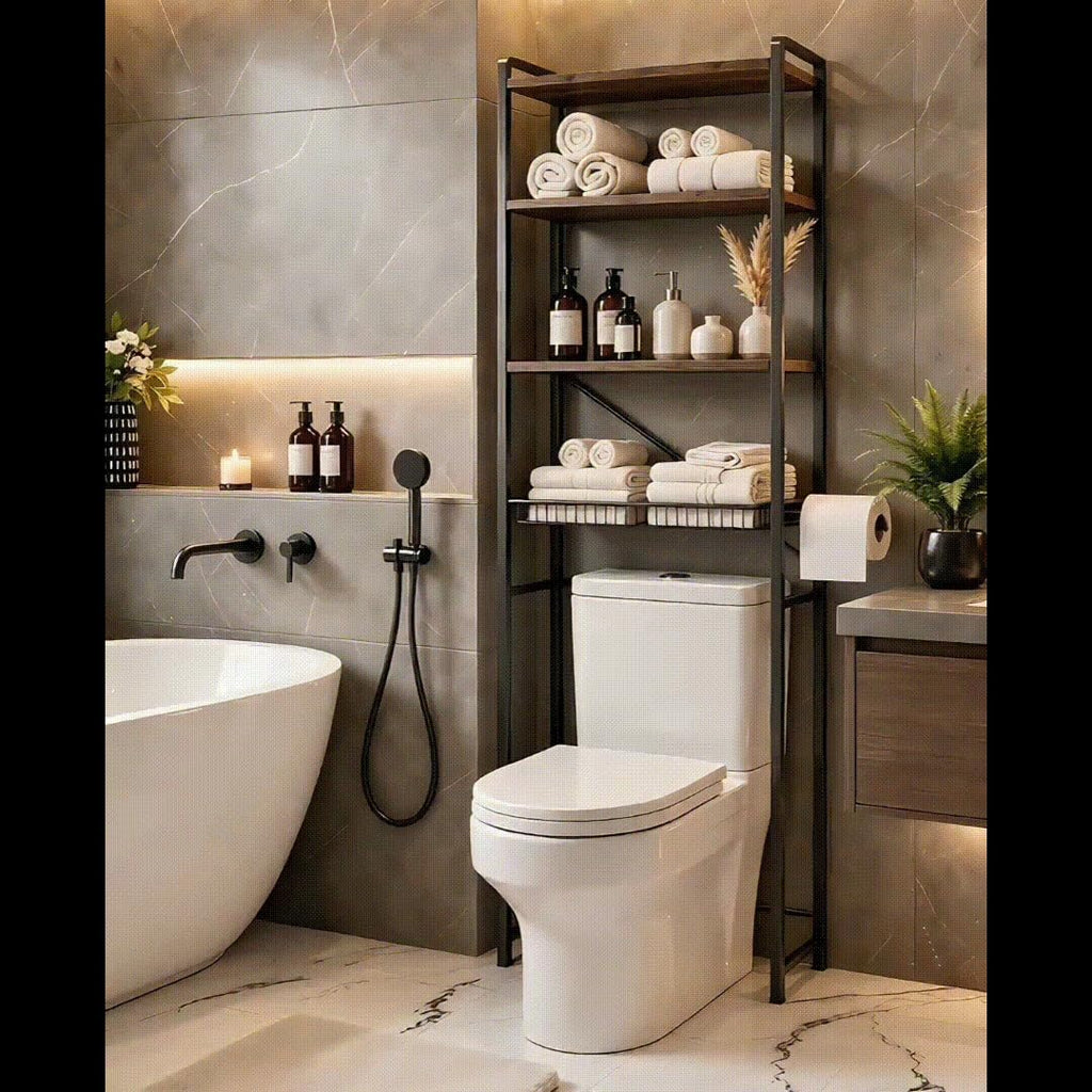 Over The Toilet Storage, 4-Tier Bathroom Organizer with V-Shaped Support & Pre-Welded Frame, Freestanding Rustproof Shelf with Toilet Paper Holder, Heavy Duty, 60" Tall, Antique Brown