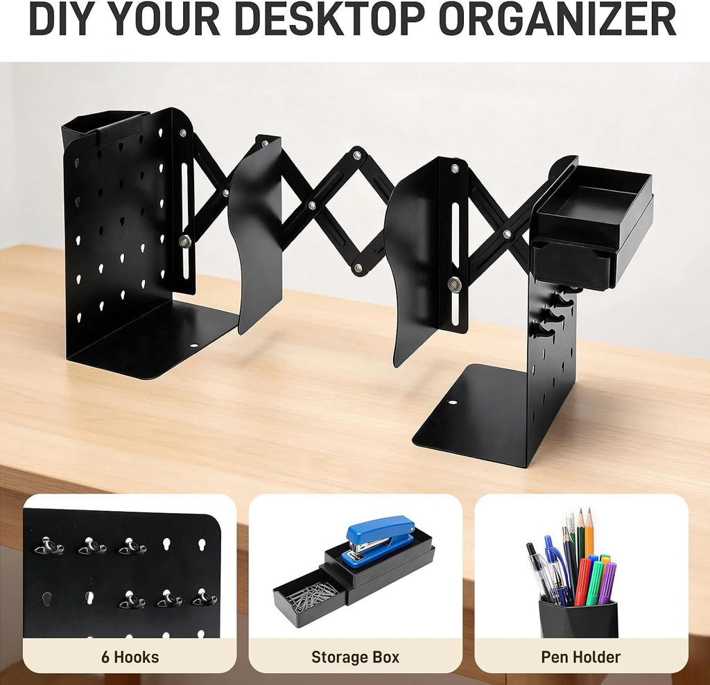 Adjustable Bookends with Mini Pegboard 6 Hooks/Pen Holder/Tray for Desktop