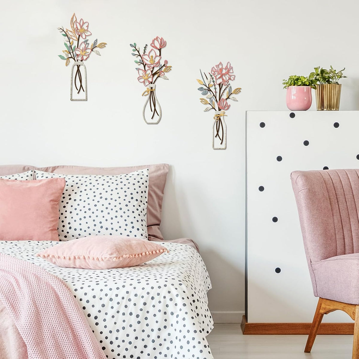 ARTINME 3 Pieces Metal Flowers Wall Arts - Pink and Beige Rustic Farmhouse Decor Minimalist Flower Wall Decors for Living room Bathroom Kitchen Bedroom Dining Room - Housewarming Gifts