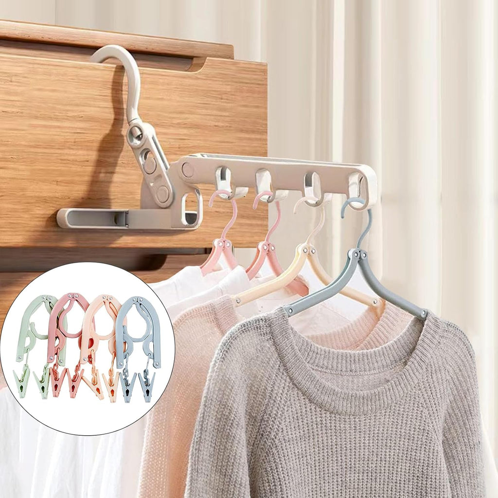 Portable Foldable Clothes Hanger, Plastic Travel Foldable Coat Hangers Clothes Drying Rack with 5 Holes Folding Hangers with Clips for Travel (2 Racks+5 Hanger)