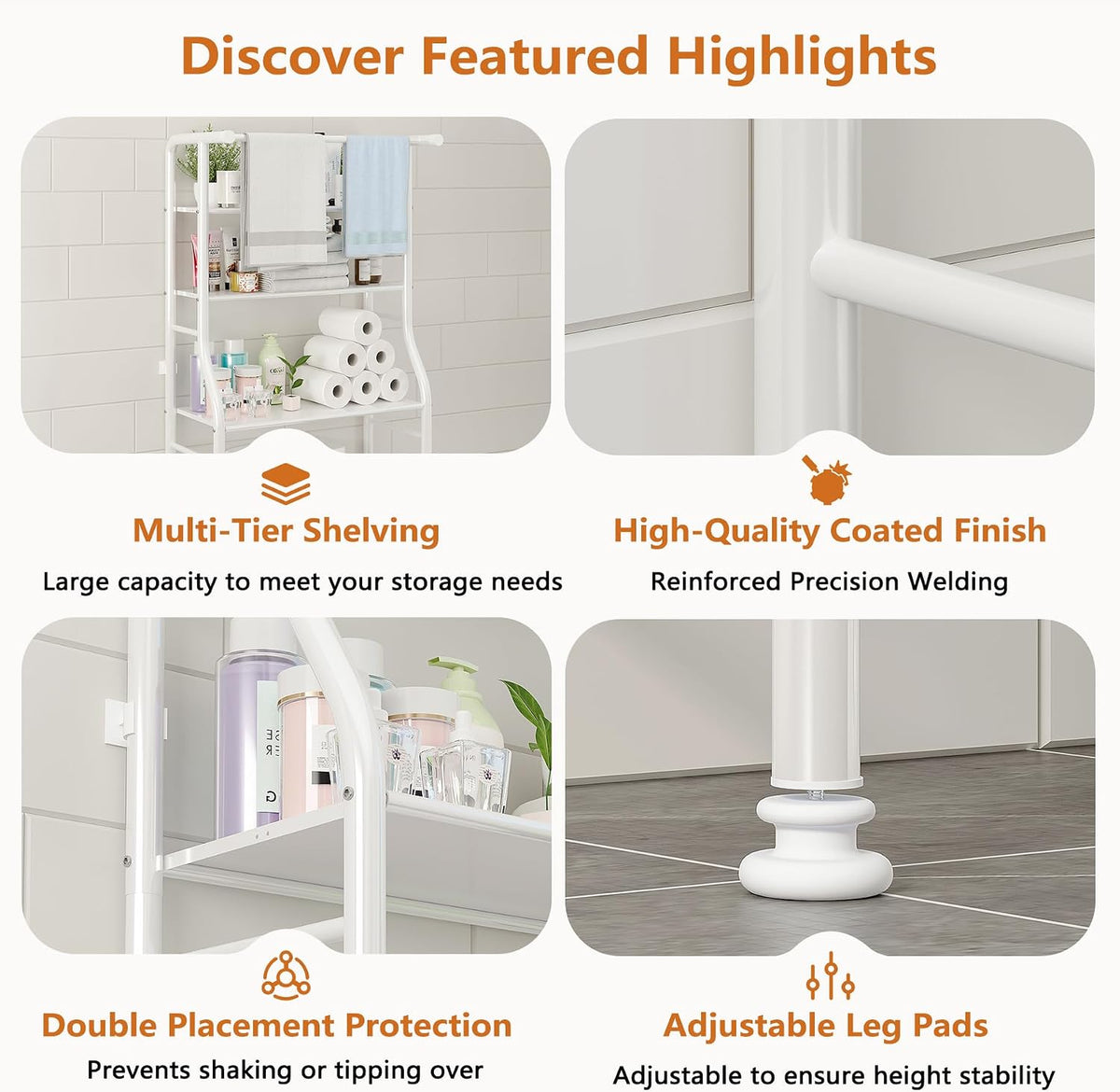 UDEAR 3-Tier Over The Toilet Rack,with Hanging Rod,Tower Shelf,White