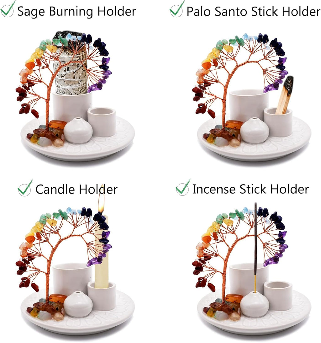 5 in 1 Incense Burner Holder with Crystal Healing Tree, Palo Santo Holder, Sage Holder, Incense Holder for Sticks/Cones/Candles, Ceramic Tray Ash Catcher for Burning Incense, Meditation Gift (White)