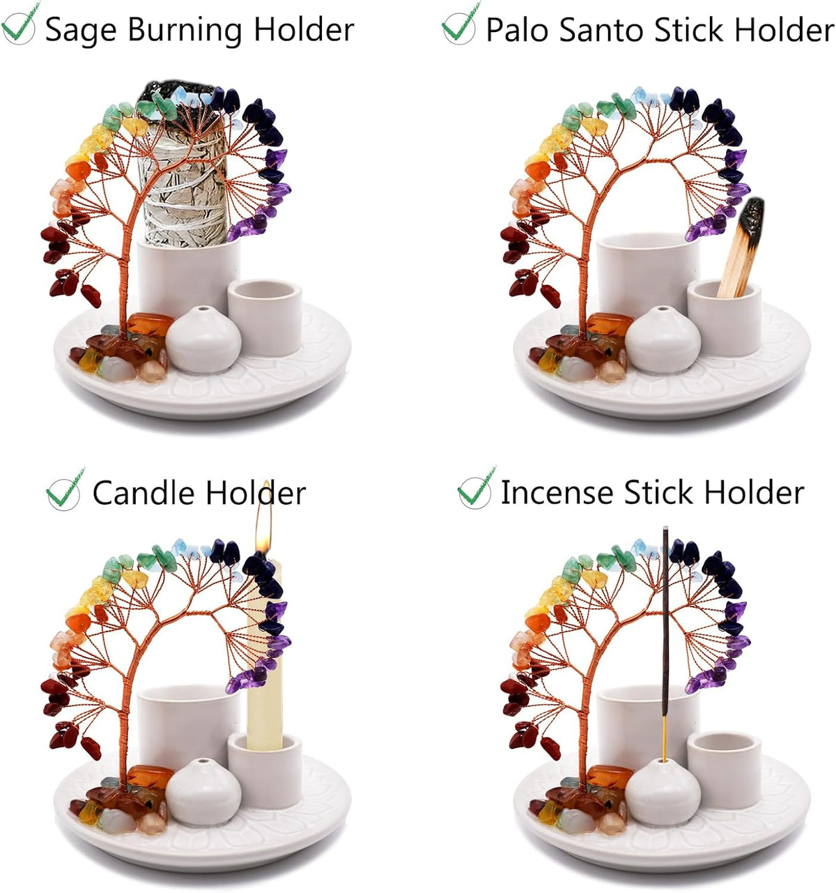 5 in 1 Incense Burner Holder with Crystal Healing Tree, Palo Santo Holder, Sage Holder, Incense Holder for Sticks/Cones/Candles, Ceramic Tray Ash Catcher for Burning Incense, Meditation Gift (White)