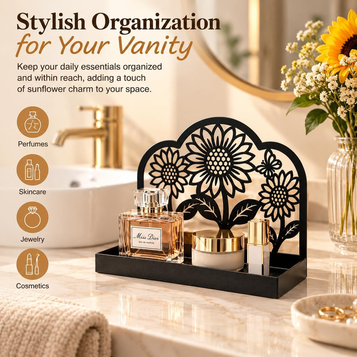 Sunflower Vanity Tray for Bathroom Countertop, Metal, 9" x 3.1", Black