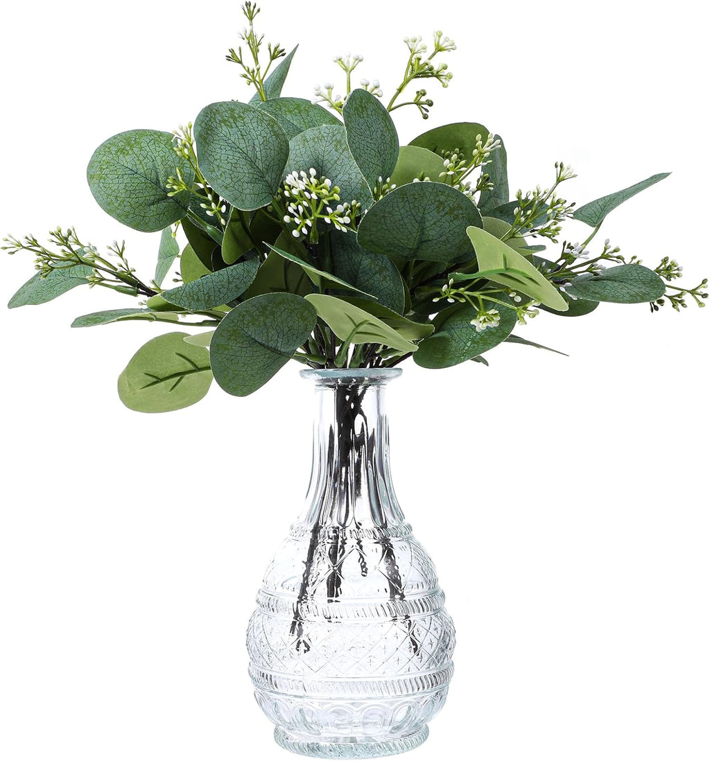 KALIONE 12 Pcs Artificial Silver Dollar Eucalyptus Leaves Picks Stems and Faux Branches with White Seeds, 11.4'' Decoration Greenery Stems Plants for Vase Bouquets, Flower Arrangement