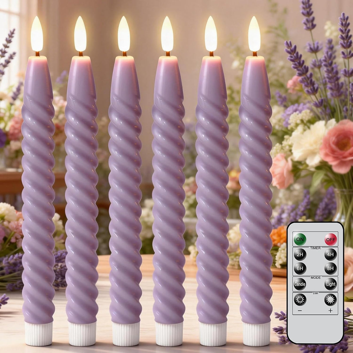 Purple Flameless Taper Candles Flickering with Remote Timer