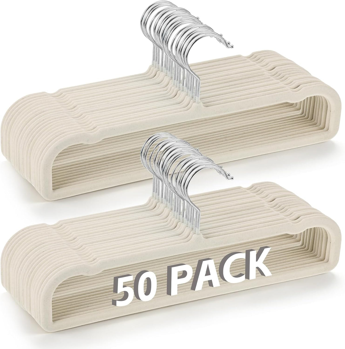 50 Pack Velvet Pants Hangers Non Slip, Velvet Hangers Space Saving for Closet, Strong Durable Clothes Hanger with 360° Swivel Hook, Ultra Soft Flocked Hanger for Pants Jeans Shirts Bra Shorts (Cream)