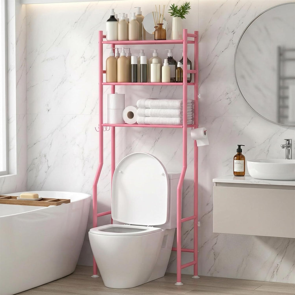 GloTika 3-Tier Over Toilet Storage Cabinet, No Drilling, 64" H, Pink