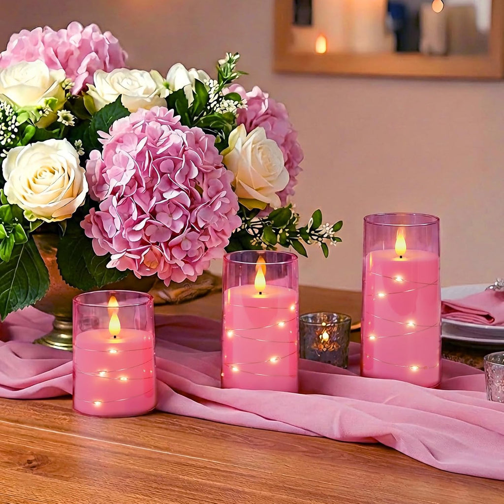 Homemory Flickering Flameless Candles, Pink LED Pillar Candles with Remote