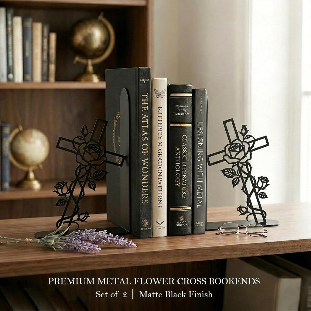Metal Decorative Bookends Christian Cross Rose Book Ends for Shelves Faith Home Office Library Desk Decor Christian Gift for Book Lovers(Floral Cross)