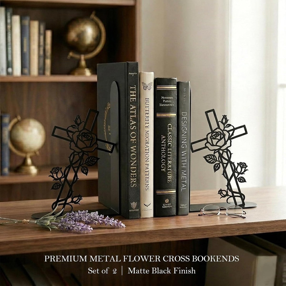 Metal Decorative Bookends Christian Cross Rose Book Ends for Shelves Faith Home Office Library Desk Decor Christian Gift for Book Lovers(Floral Cross)