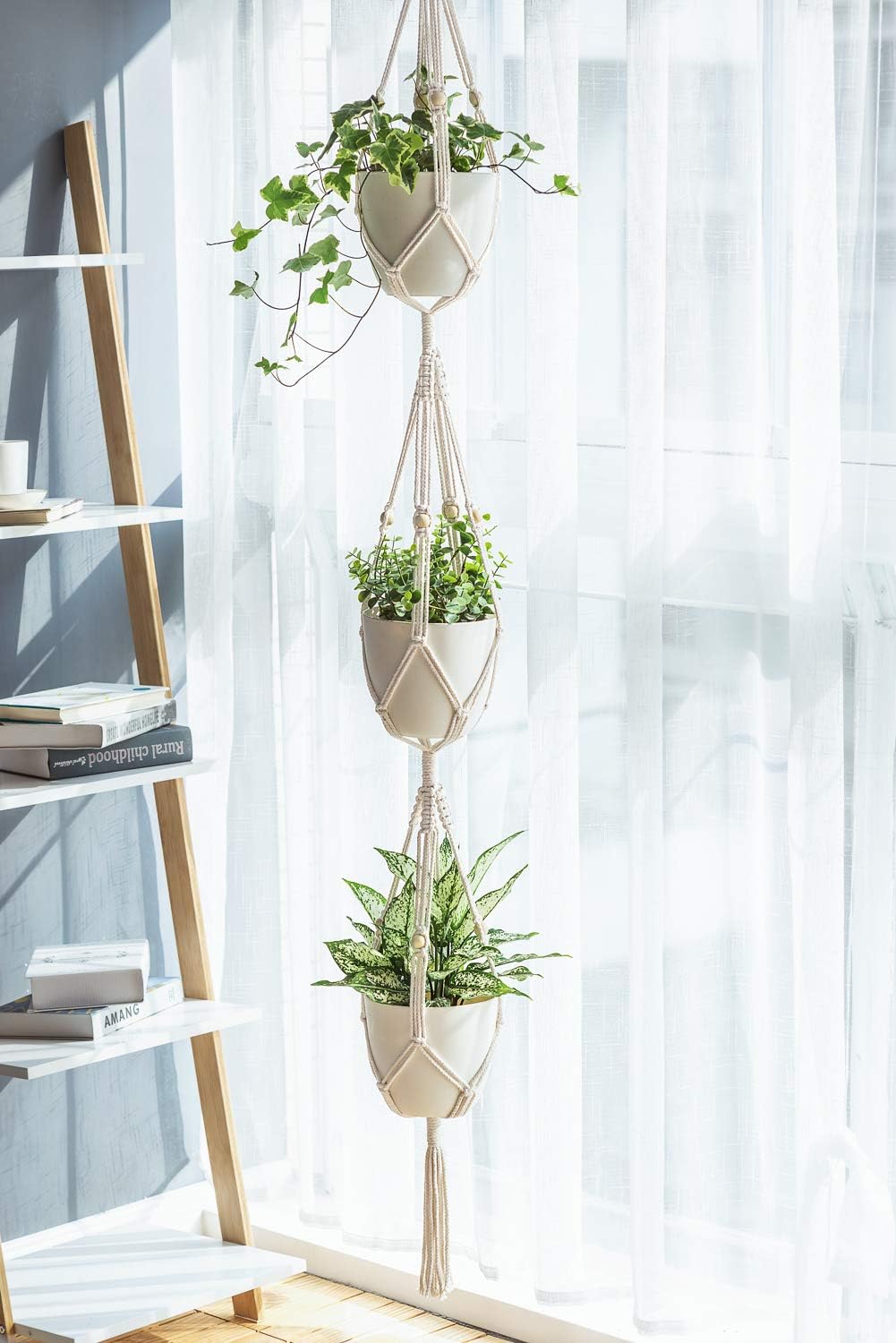 Mkono Macrame Plant Hanger 3 Tier Indoor Outdoor Hanging Planter Basket Cotton Rope with Beads 70 Inches (Pots and Plants NOT Included) (Pack of 3)