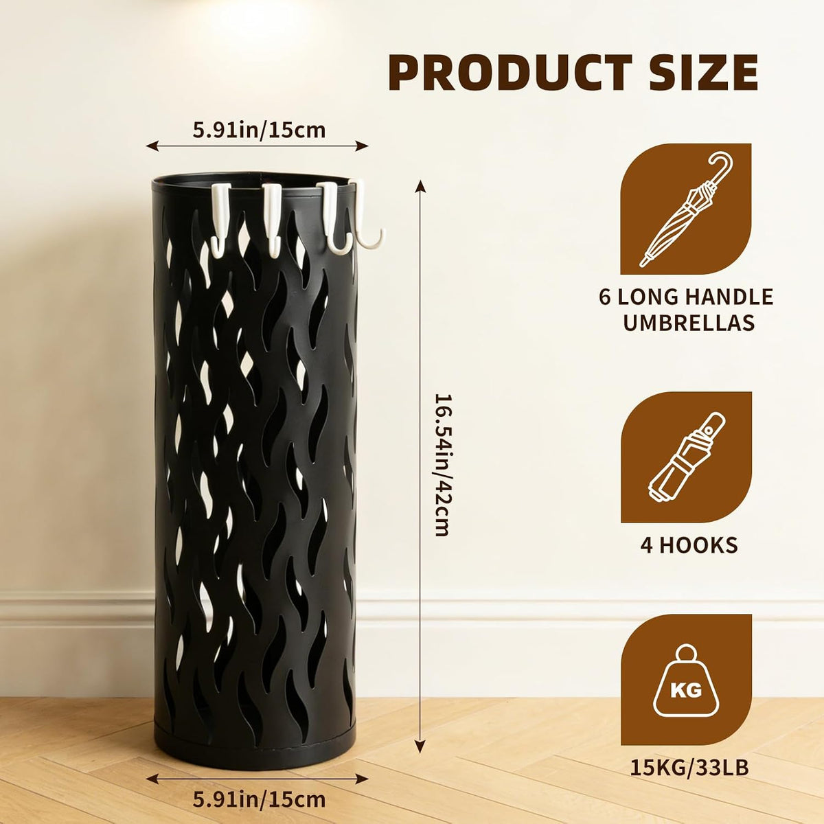 Black Umbrella Holder, Metal Umbrella Stand Holder for Entryway, 16.5 x 5.91 x 5.91 Umbrella Storage Indoor with 4 Hooks Decor for Home, Office
