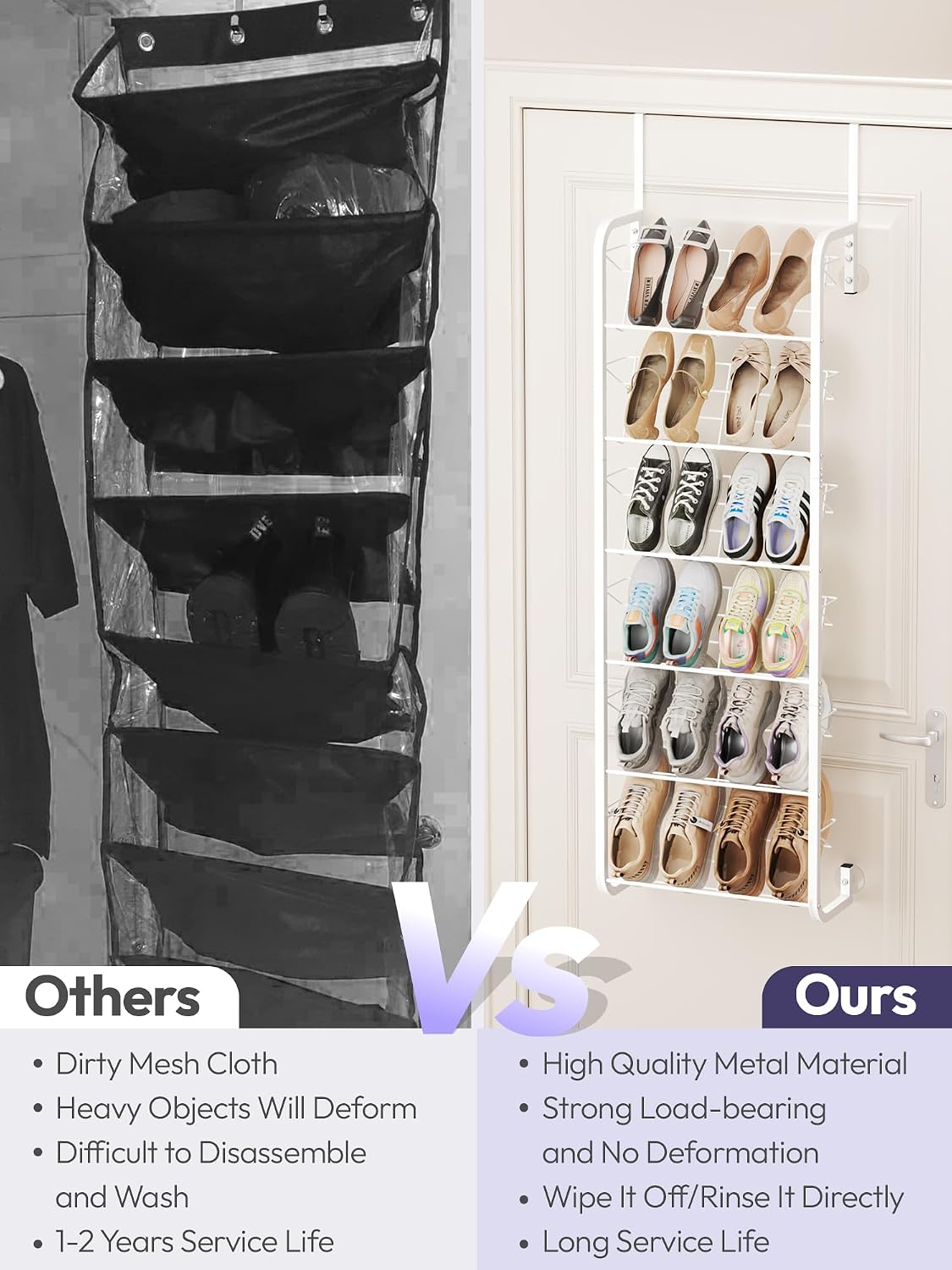 SWTYMIKI Over the Door Shoe Organizer - 6 Tier Wall Mount Shoe Rack for Door Storage- Heavy Duty Metal Hanging Shoes Shelf for Flats, Heels, Sneakers, Boots White