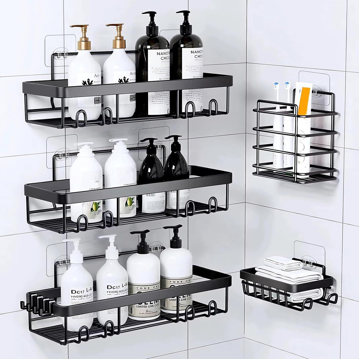 Shower Caddy Adhesive Single Hooks for Replacement, Shower Holder Organizer Self Adhesive Wall Hooks for Bathroom Corner Shelf Basket Soap Dish (Transparent-14Pack 1 Hooks)