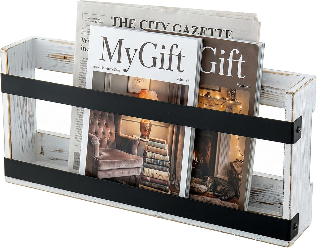 MyGift Magazine Rack, Whitewashed Wood & Black Metal, Wall-Mounted Display