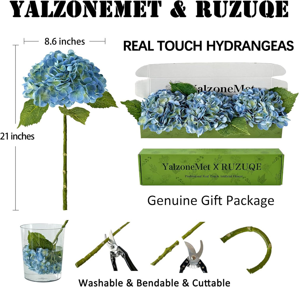 YalzoneMet 3 Pcs Blue/Green Hydrangea Artificial Flowers 21'' Real Touch Latex Hydrangea Faux Flowers for Wedding Tables Centerpieces Baby Shower for Party Home Kitchen Living Room Decor