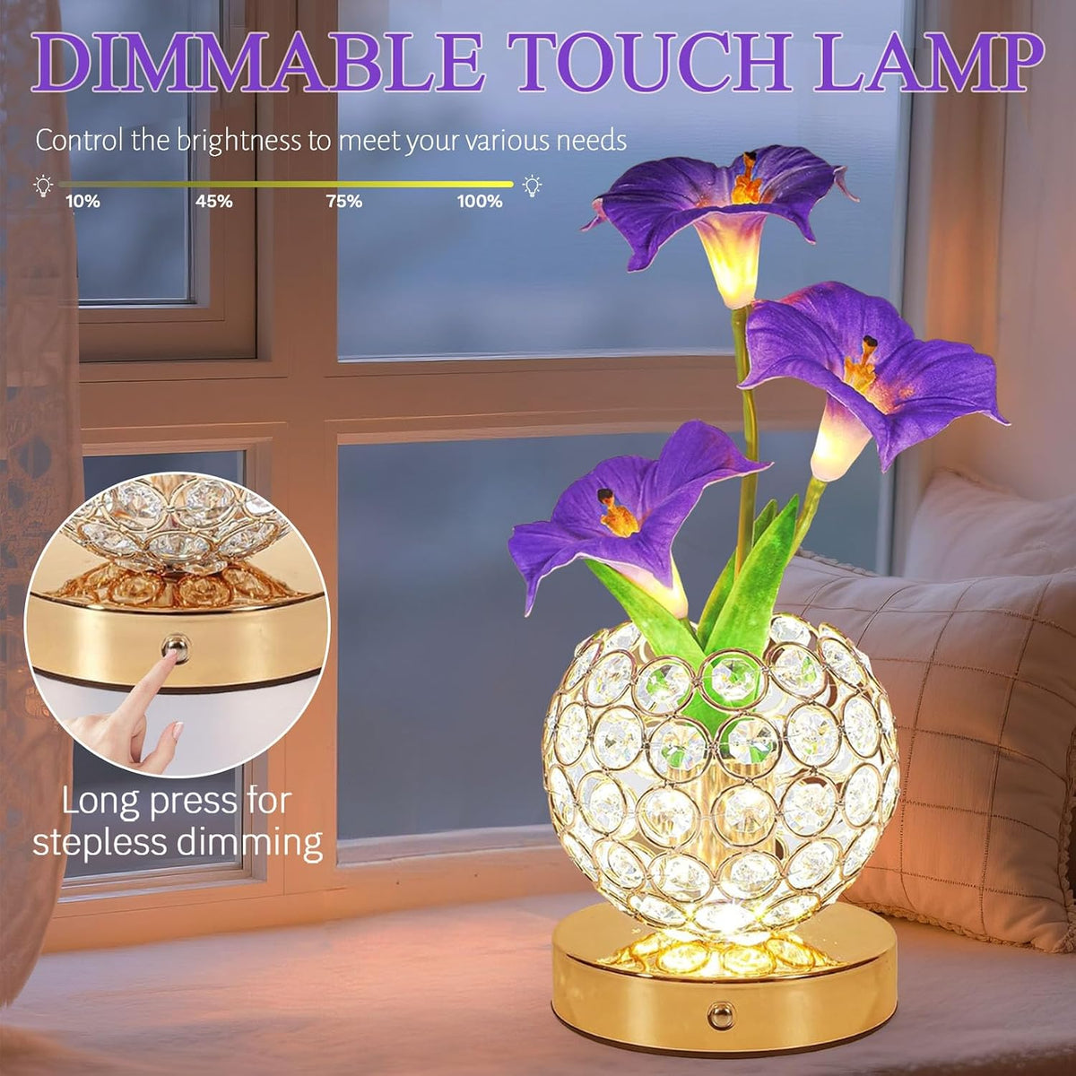 Flower Table Lamp, 3 Colors Touch Stepless Dimming Crystal Night Light, Rechargeable Artificial Morning Glory Light, LED Flower with Vase Lamp Romantic Decor for Date Party Home (Morning Glory-Purple)