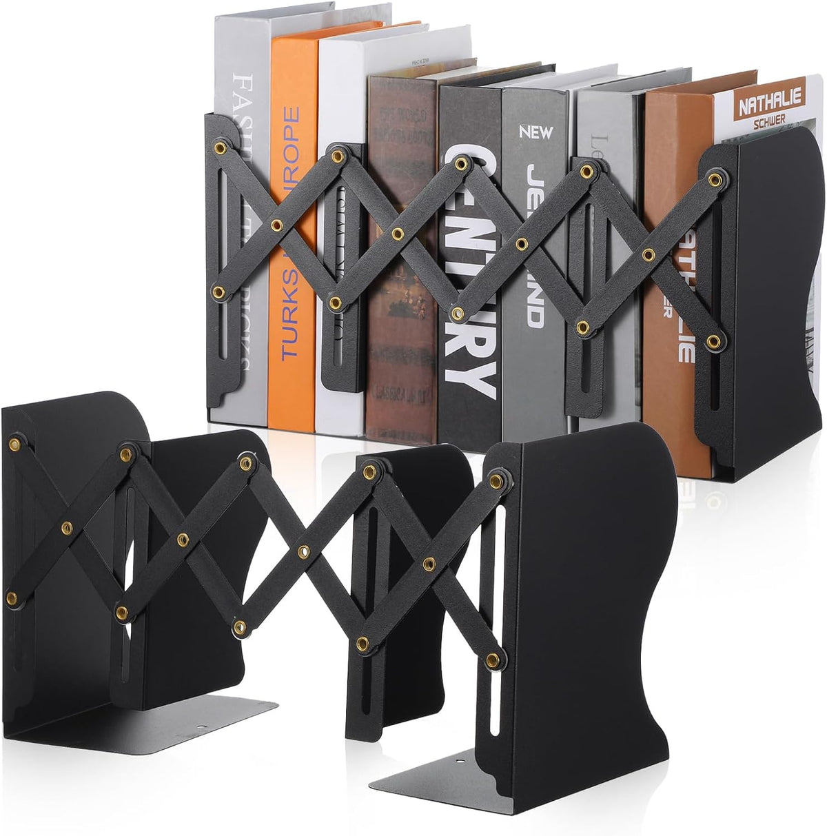 2 PCS Adjustable Book Ends for Shelves, Heavy Duty Metal Book Holder Organizer, Expandable Desk Book Stopper for Office Home, Black