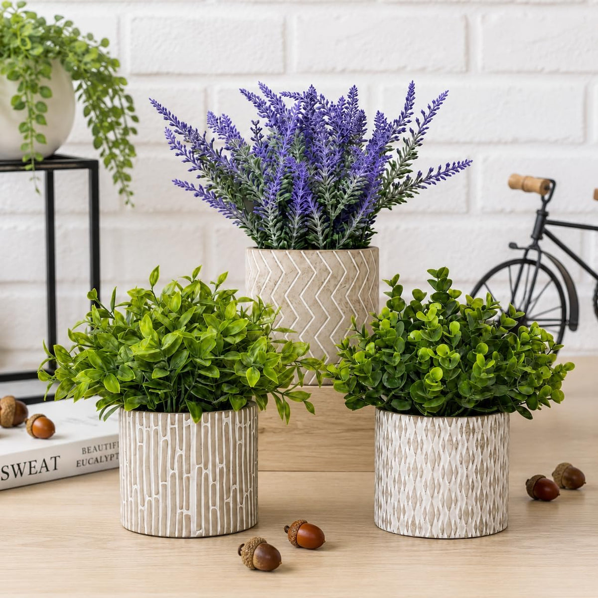 Faux Plants Indoor, Set of 3 Lavender Eucalyptus in Cement Pots