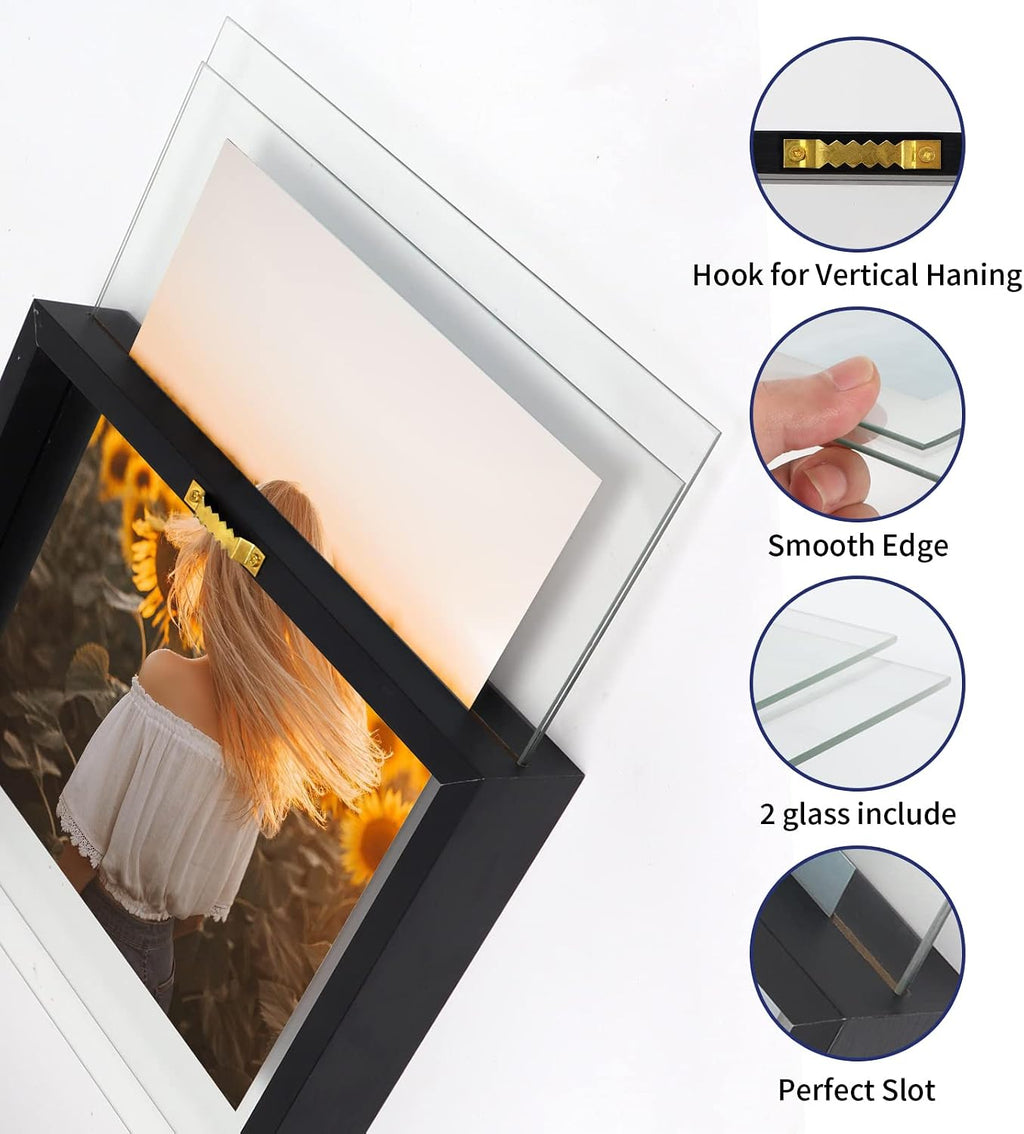 WIFTREY Black 8x10 Floating Picture Frame 2 Pack, Double Glass Distressed Floating Photo Frame for Tabletop or Wall Mount, Displays Photo up to 10x12